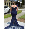 Navy Blue Long Fish Cut Party Korea Women Evening Dress